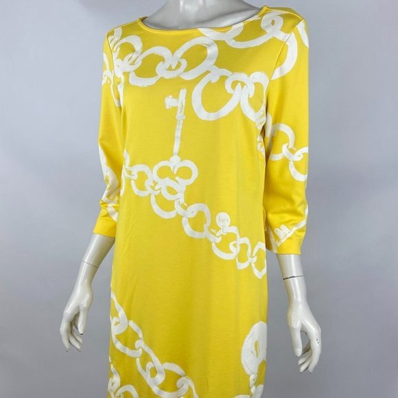 Lilly‎ Pulitzer Jonah Shift Dress Women L 3/4 Sleeve Stretch Yellow Chain Key